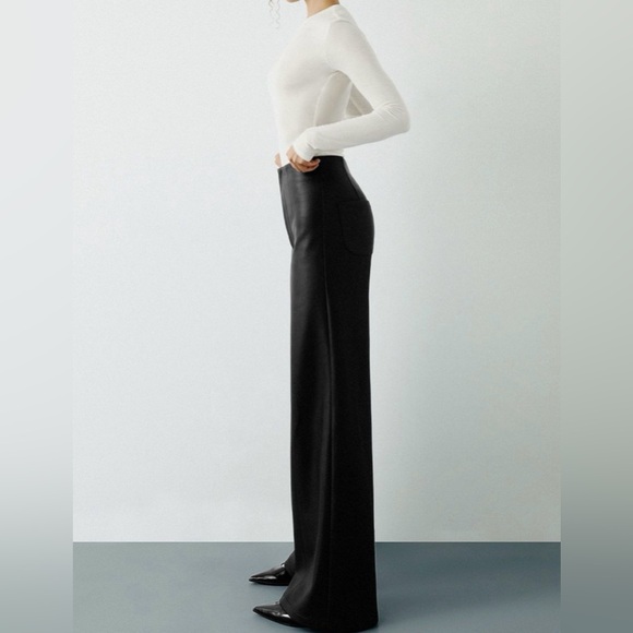 COMMENSE Women's Black High-Waisted Faux Leather Wide-Leg Pants - Size XLarge - Picture 4 of 5